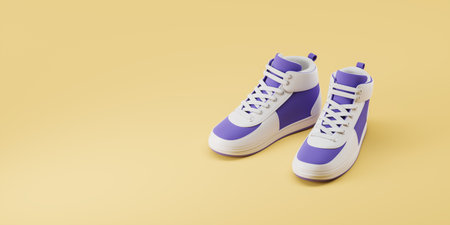 Pair of high top sneakers on empty yellow copy space background. Concept of running, active lifestyle and fashion sports shoes. 3D rendering illustrationの写真素材