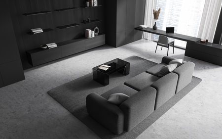 Top view of dark living room interior with sofa and armchair, side view workplace with laptop and...