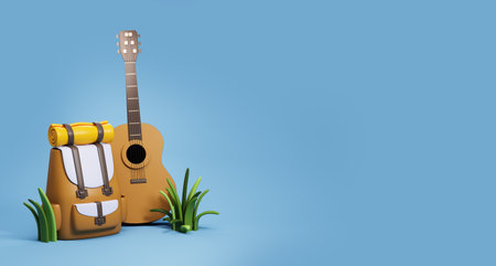 Cartoon brown minimalist backpack and classical guitar, empty copy space blue background. Concept of nature tourism, camping and adventure. 3D rendering illustrationの写真素材