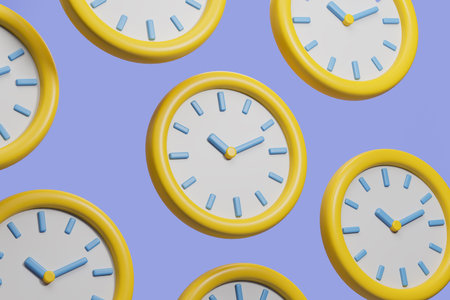 Row of yellow cartoon clock pattern on blue background. Concept of time, plan, management and schedule. 3D rendering illustrationの写真素材