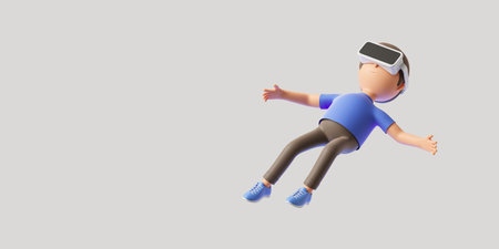 3d rendering. Cartoon character man wearing vr glasses headset, body floating in cyberspace. Concept...