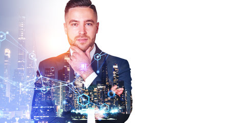 Portrait of pensive businessman in New York with double exposure of network interface. Concept of internet and communication. Mock upの写真素材