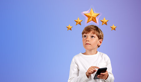 Happy child boy finger touch phone in hand, gradient copy space background. Giving five stars...