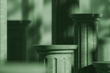 Empty green cylinder platform, greek columns design with abstract shadow on blurred background. Mockup for product display and promotion. 3D renderingの写真素材