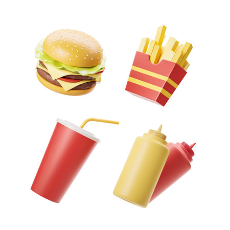 Cartoon cheeseburger, French fries, drink, ketchup and mustard over white background. Concept of fast food and nutrition. 3d renderingの写真素材