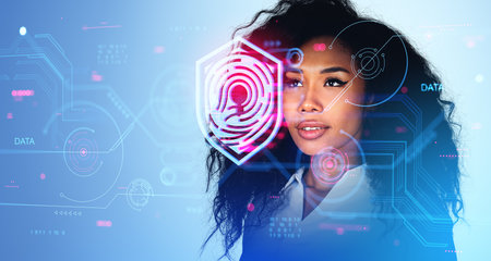 Portrait of beautiful young African American businesswoman standing over blue background with double...
