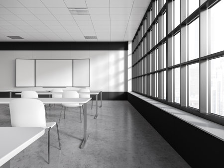Stylish classroom interior with desk and chair in row, mock up copy space empty chalkboard. Minimalist white education room with panoramic window on city view. 3D renderingの写真素材