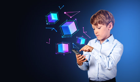 Serious little boy using smartphone over blurry blue background with metaverse icons. Concept of...