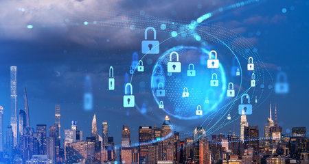 Immersive cyber security interface and planet hologram in dark city sky. Concept of data protection...
