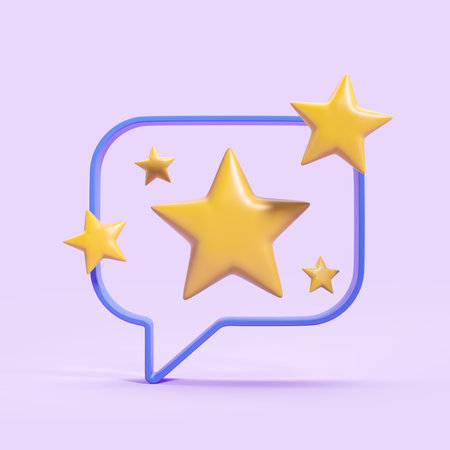 3d rendering. Cartoon gold stars with speech bubble, online feedback, restaurant, client and...