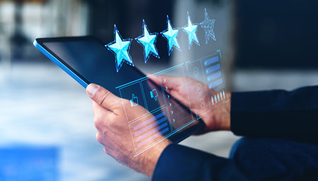 Hands of unrecognizable businessman with tablet in blurry office giving four star rating. Concept of...