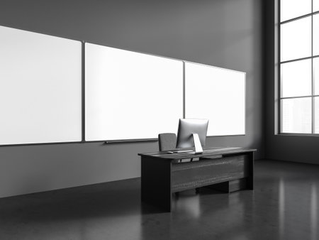 Interior of stylish college classroom with gray walls, three mock up whiteboards and dark wooden professor table. 3d renderingの写真素材