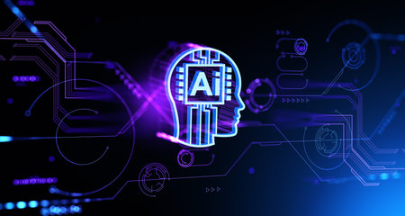 AI head hologram and digital mental world. Glowing abstract hud with artificial intelligence, circuit and connection. Concept of machine learning and technology. 3D rendering illustrationの写真素材