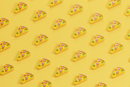 View of tasty pizza slices over yellow background. Concept of food industry, fast food and nutrition. 3d renderingの写真素材