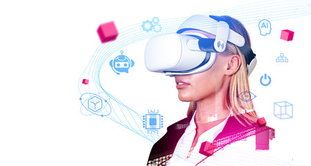 Businesswoman portrait in vr headset, glowing hologram with robot, chat bot and futuristic...