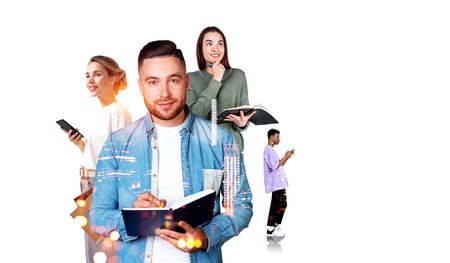Members of diverse student team writing in notebooks and using gadgets over white background with...