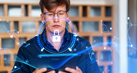 Businessman working with tablet, cybersecurity hud with glowing padlock and digital world lines with...