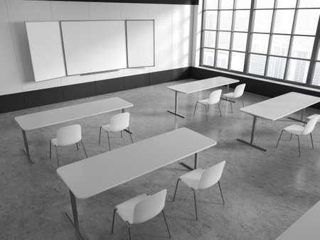 Top view of classroom interior with desk and chair in row, mock up copy space empty chalkboard. Minimalist white education room with panoramic window on Kuala Lumpur. 3D renderingの写真素材
