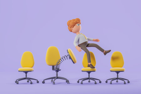 3d rendering. Cartoon character man pushed out of office armchair, taken from position in company. Row of yellow armchairs on purple background. Concept of dismissal and firing illustrationの写真素材