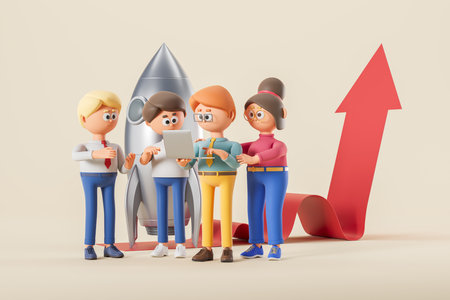 3d rendering. Cartoon character people working in laptop, teamwork and large rocket with rising red arrow. Business project launch and success. Concept of partnership and startup illustrationの写真素材