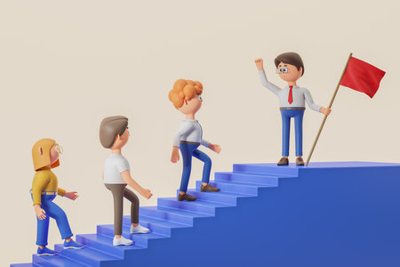 3d rendering. Cartoon character man with red flag leading people, going up stairs on beige background. Concept of team leader, common goal and achievement illustrationの写真素材