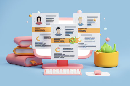 View of pink computer screen with three job applications on it over blue background. Concept of recruitment and job search. 3d renderingの写真素材