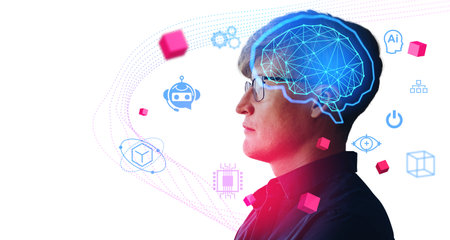 Portrait of serious young businessman in glasses over white background with double exposure of AI...