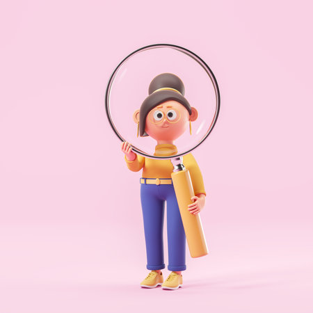 Cartoon businesswoman holding big magnifying glass over pink background. Concept of search and planning. 3d renderingの写真素材