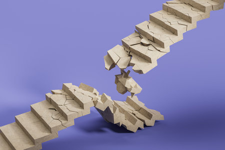View of broken concrete stairs over purple background. Concept of destruction and demolition. 3d renderingの写真素材
