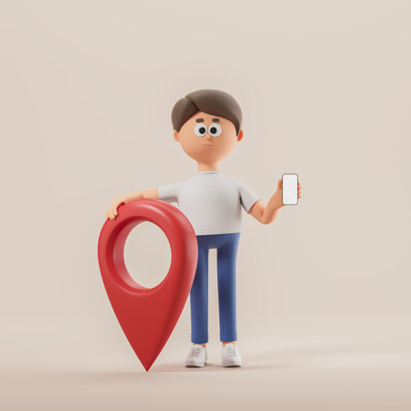 Cartoon man holding smartphone and standing near big red geotag over beige background. concept of navigation. 3d renderingの写真素材
