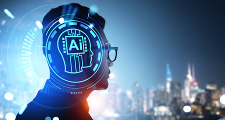 Portrait of young businessman in glasses in blurry night city with double exposure of immersive AI...