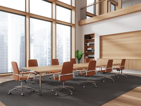 Wooden office meeting interior with chairs and wooden board, carpet on hardwood floor. Conference corner with shelf and panoramic window on skyscrapers. 3D renderingの写真素材