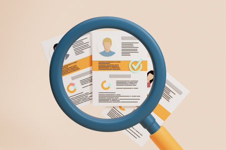 Magnifying glass and documents with personal information, cv of people on beige background. Concept of job search, candidate, vacancy and recruitment. 3D rendering illustrationの写真素材