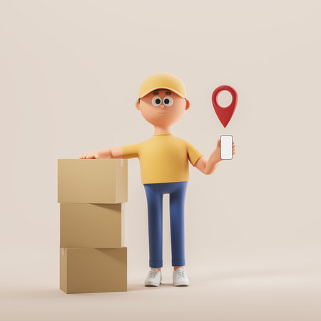 3d rendering. Cartoon character man courier with parcels, holding mockup smartphone with red geo tag on beige background. Concept of online tracking, delivery and order illustrationの写真素材
