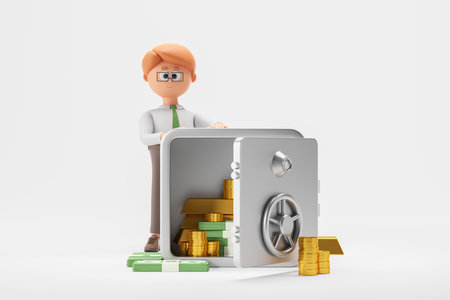 3d rendering. Cartoon character businessman with opened metallic safe box, gold bars and coins with banknotes inside. Concept of money storage, income and deposit illustrationの写真素材