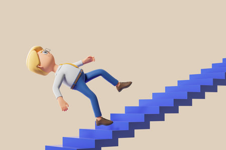 Cartoon businessman falling on blue staircase over yellow background. Concept of failure and crisis. 3d renderingの写真素材