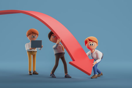 View of three cartoon businessmen holding falling graph over blue background. Concept of crisis and business failure. 3d renderingの写真素材