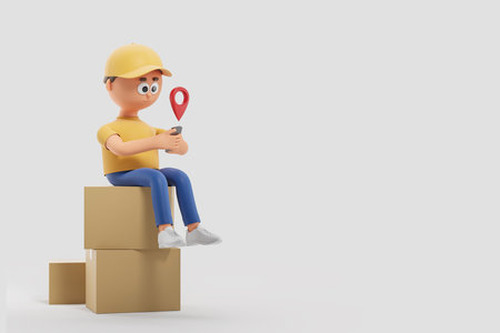 Cartoon courier man sitting on boxes with smartphone and geotag above it over gray background. Concept of goods delivery and logistics. 3d rendering, copy spaceの写真素材