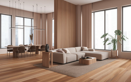 Beige home living room interior with chill and eating corner, wooden partition and hardwood floor. Dinner table with chairs and panoramic window on skyscrapers. 3D renderingの写真素材
