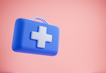 View of blue and white first aid kit over pink background. Concept of injury treatment and healthcare. 3d rendering, copy spaceの写真素材