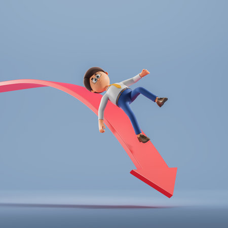 3d rendering. Cartoon character man falling from a descending red arrow, economy collapse and regress. Concept of fail, financial crisis and dismissal illustrationの写真素材