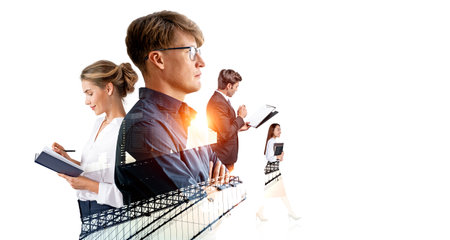 Portraits of four business people over white background with double exposure of cityscape. concept...