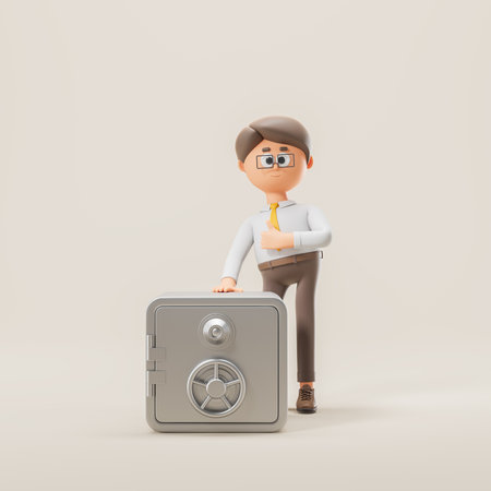 View of cartoon businessman showing thumb up and standing near safe box over gray background. Concept of cash security. 3d renderingの写真素材