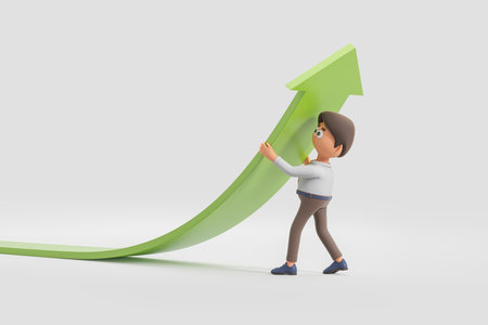 View of cartoon businessman holding rising graph over gray background. Concept of business success and investment. 3d renderingの写真素材