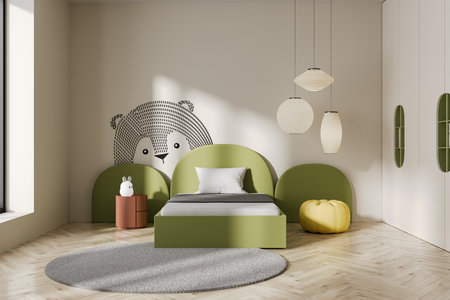 Cozy baby bedroom interior with bed and decoration, nightstand and carpet on hardwood floor. Sleeping room with soft pouf and bear drawing on beige wall. 3D renderingの写真素材