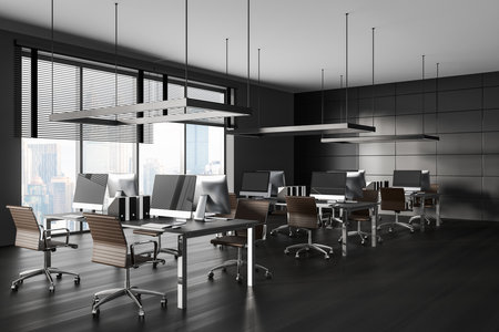 Modern office interior with armchairs and pc computer on desk in row, side view hardwood floor. Business company room with panoramic window on Kuala Lumpur. 3D renderingの写真素材
