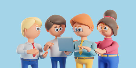 3d rendering. Cartoon character people using laptop and communicate, business idea, startup and cooperation online. concept of teamwork and colleagues illustrationの写真素材