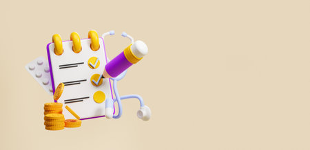 View of notebook, pencil, stethoscope and medicine over beige background. Concept of medical...
