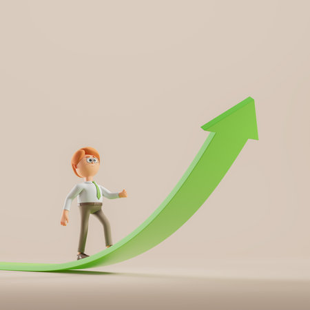 3d rendering. Cartoon character man stepping up on a high green arrow on beige background, copy space. Concept of business success, rise and profit illustrationの写真素材
