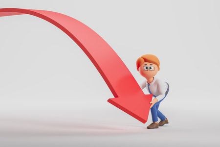 View of cartoon businessman holding falling graph over gray background. Concept of crisis and business failure. 3d renderingの写真素材